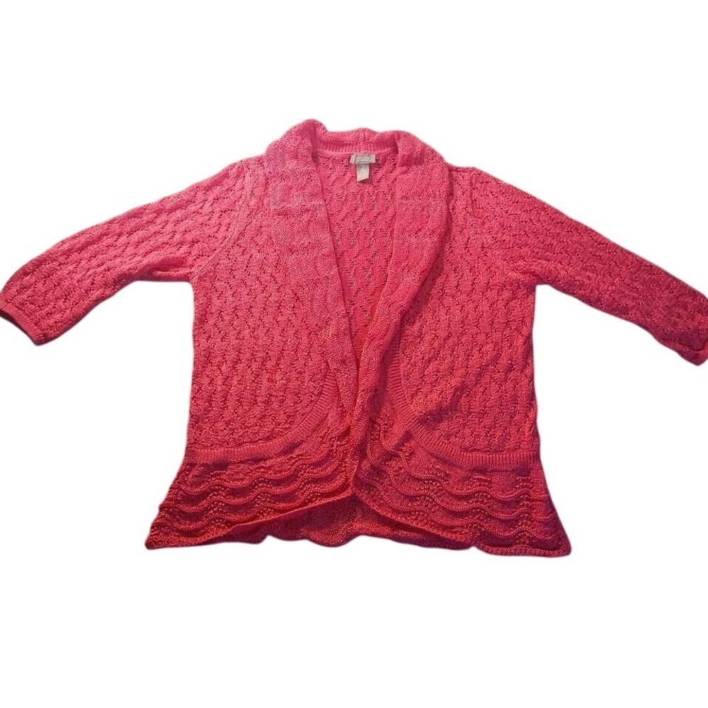 Chico's Open Front Cardigan 2 Womens L Plus Size Coral Pink Pointelle Knit Boho